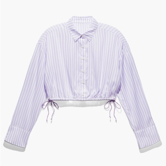 Savage X Fenty Tops - Savage x Fenty Coastal Stripe Woven Voile Sleep Crop
Shirt with Drawstring NWT